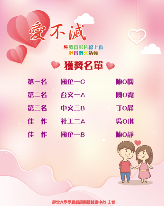 「愛不滅」性教育影片線上看心得徵文活動得獎名單圖片