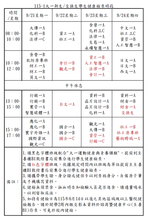 115學年度新生入學健康檢查通知及注意事項圖片