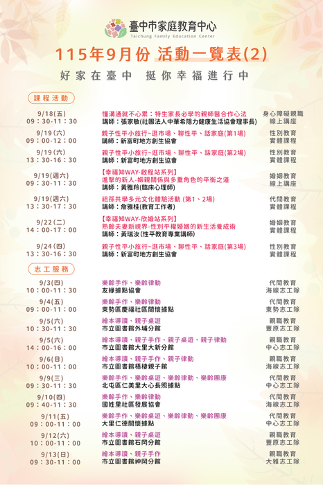 【轉知】臺中市家庭教育中心「115年9月份活動一覽表」圖片
