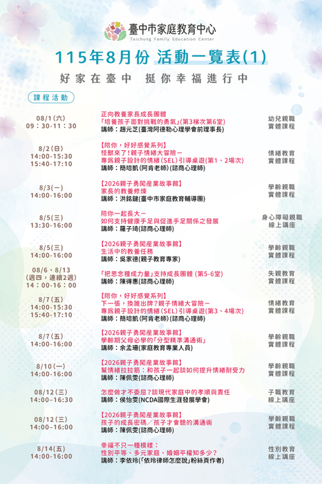 【轉知】臺中市家庭教育中心「115年8月份活動一覽表」圖片