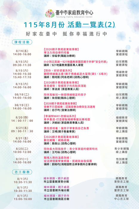 【轉知】臺中市家庭教育中心「115年8月份活動一覽表」圖片